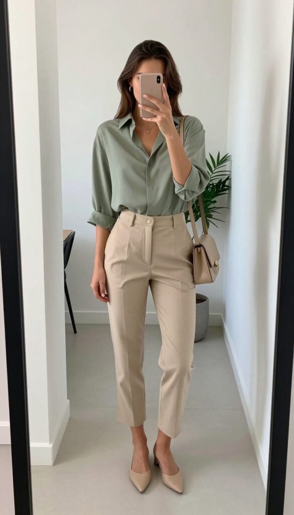 Model in mirror selfie wearing a sage green blouse and beige cropped trousers with nude mules, creating a cute business casual look.