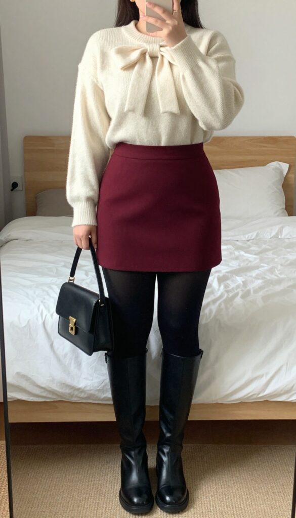 Woman in cream bow sweater and burgundy A-line mini skirt with knee-high boots, taking a mirror selfie.