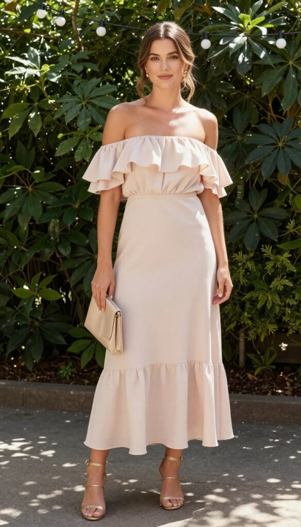 Woman in blush off-shoulder ruffled maxi dress with gold sandals and clutch, standing in sunlit garden with string lights