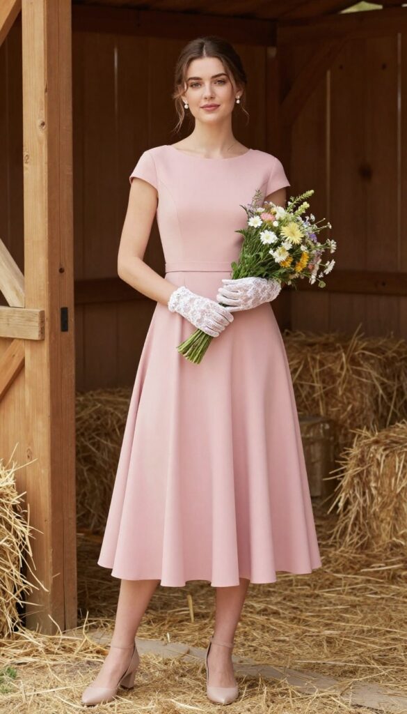 Bride in pastel pink tea-length dress with white lace gloves and bouquet in barn doorway