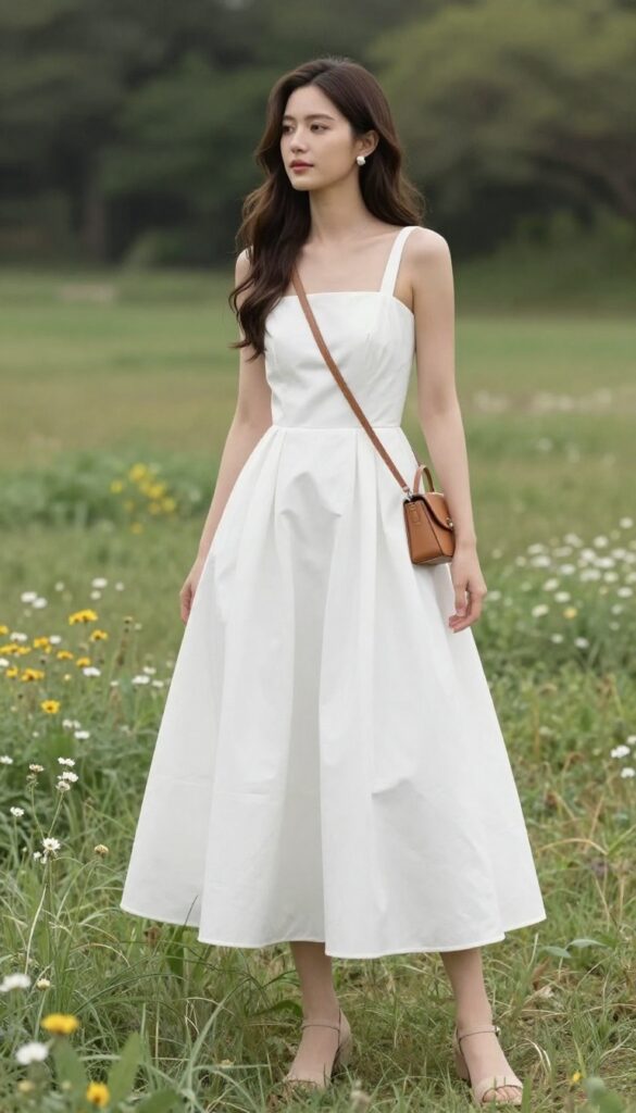 Woman in white puffy wedding dress with crossbody bag in grassy field