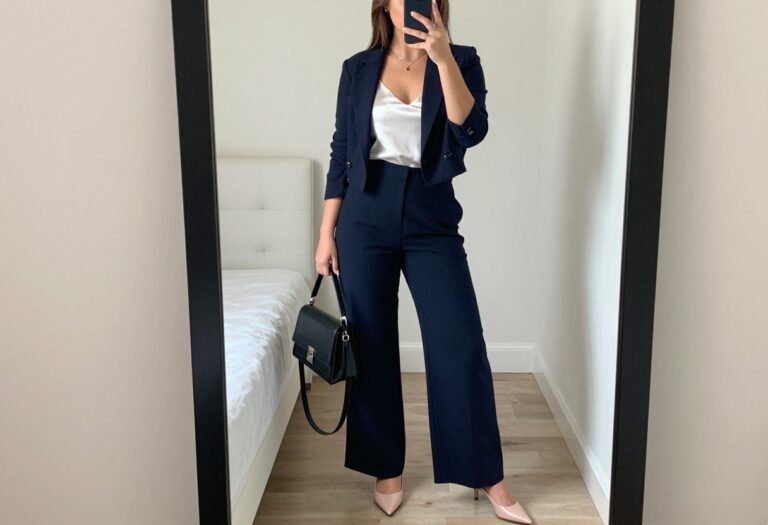 Petite woman in navy blazer and wide-leg trousers taking a mirror selfie in a bright bedroom
