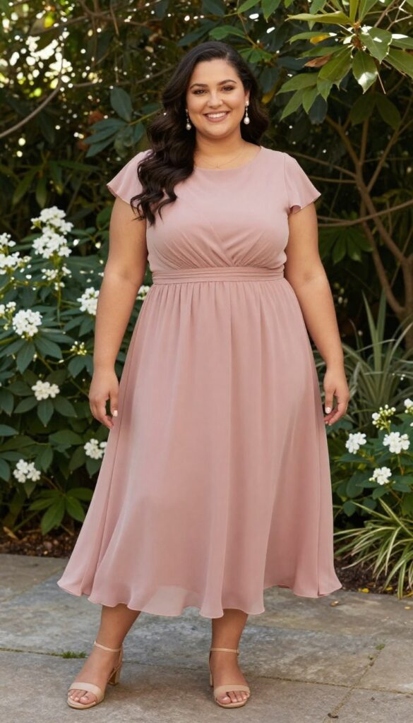 Plus-size woman in dusty rose empire waist dress with dangling gold earrings in garden
