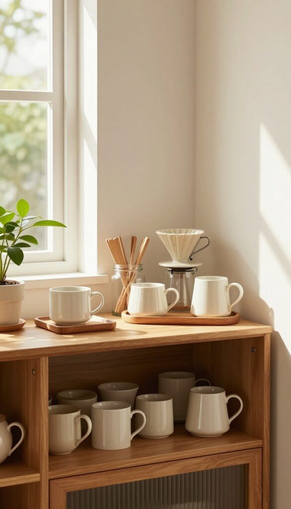 Corner cabinet transformed into a cozy coffee bar with open shelving, mugs, and a pour-over setup in warm natural light.