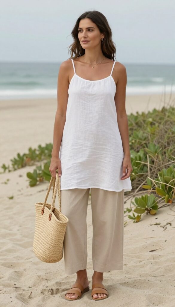 Woman in white tunic dress over beige wide-leg trousers with tan slide sandals at beach wedding