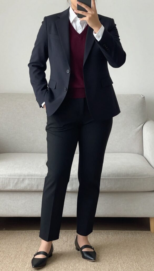 A woman in black pants, white button-down, navy sweater vest, and charcoal blazer, standing in an office setting.