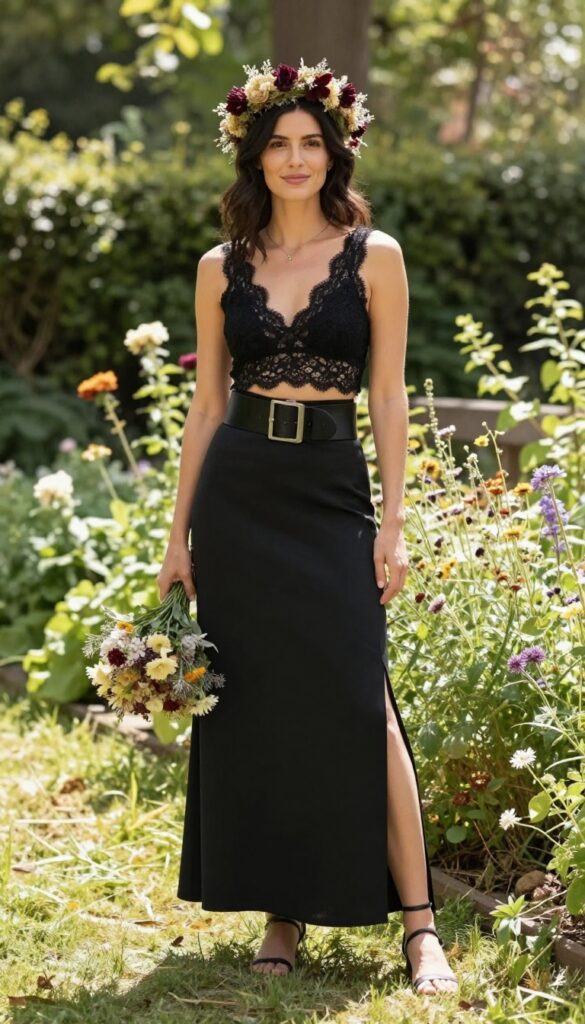 Woman in black lace crop top and high-waisted maxi skirt with slit, wide leather belt, dried burgundy flower crown, holding bouquet in sunlit garden