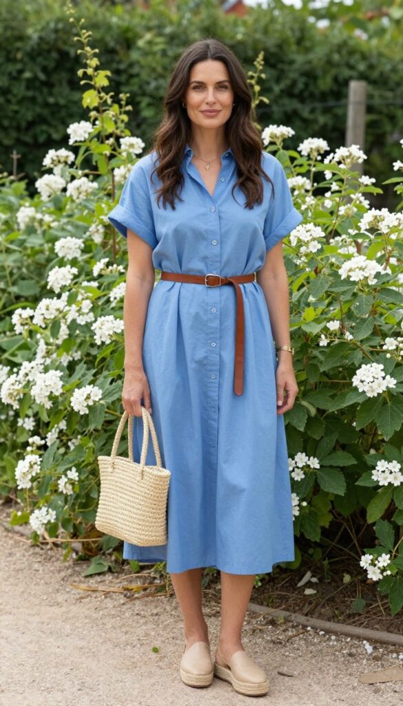A young adult woman with a natural body type wearing a baby blue shirt dress with a brown belt, nude espadrilles, and a woven straw bag in a sunny garden.