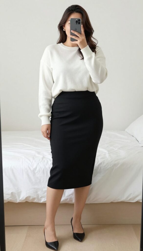 White sweater tucked into black pencil skirt with pointed flats and structured tote, clean and professional outfit.