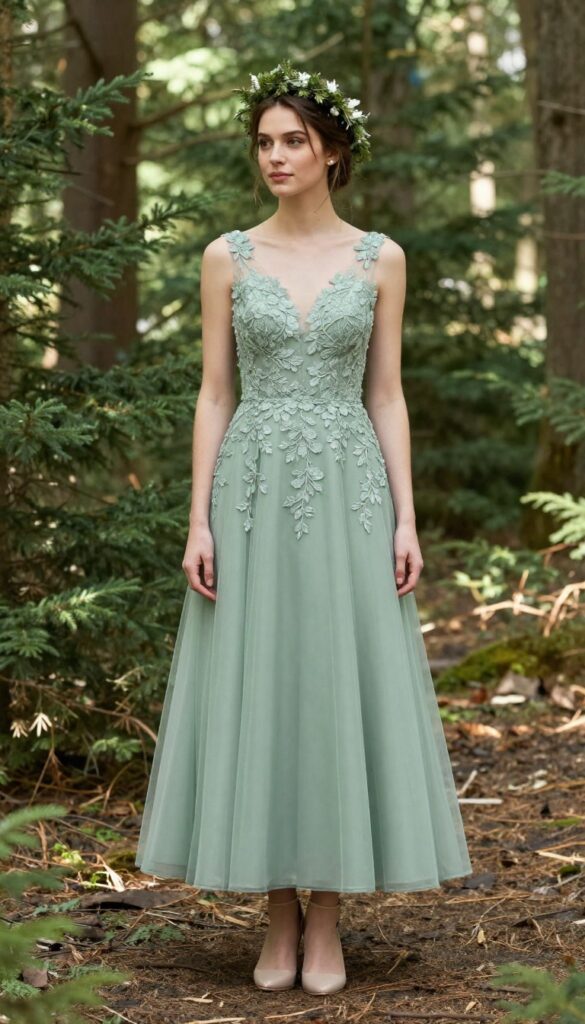 Sage green A-line gown with floral lace appliqués in a forest setting