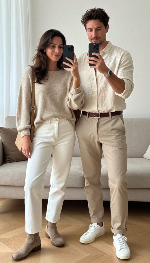 A couple wearing neutral-toned outfits: a woman in a beige sweater and white jeans, a man in a cream shirt and light brown chinos, standing together in a bright, airy room.