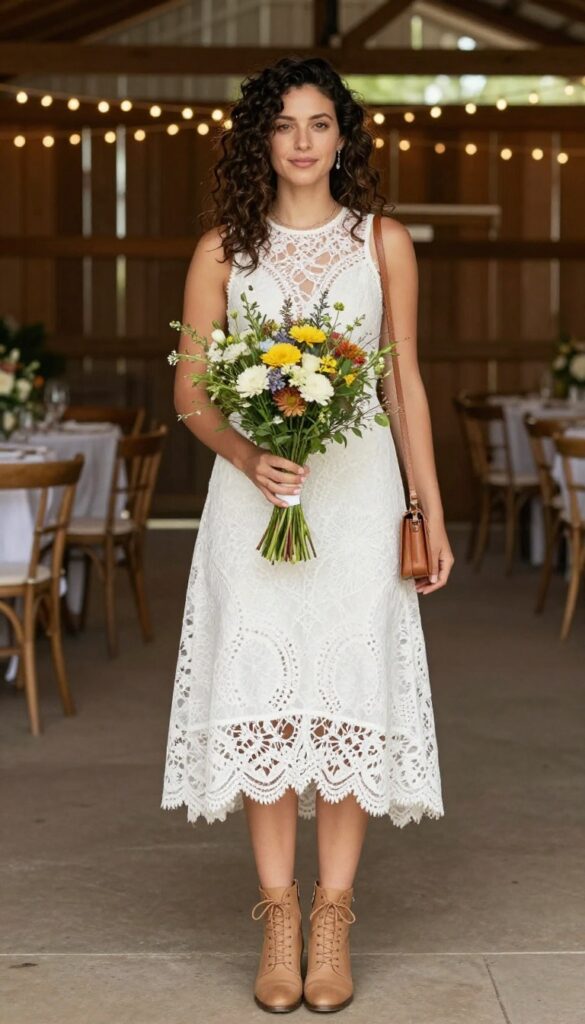 Woman in white lace high-low dress with scalloped hem, tan lace-up ankle boots, and brown crossbody bag at rustic barn wedding venue