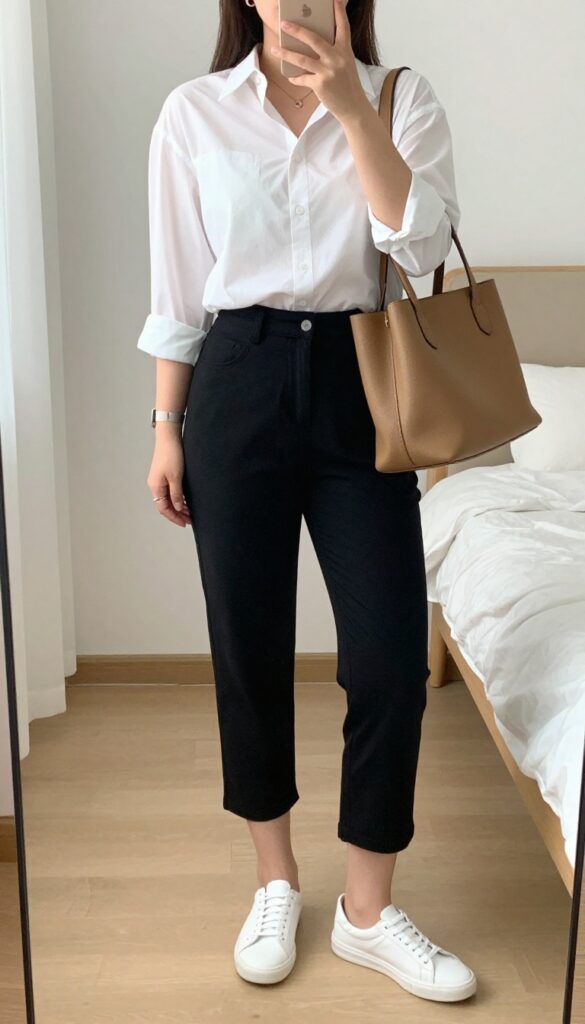 A woman in a white button-down shirt and black cropped pants with white slip-on sneakers, holding a tan structured tote, standing in a bright office hallway.