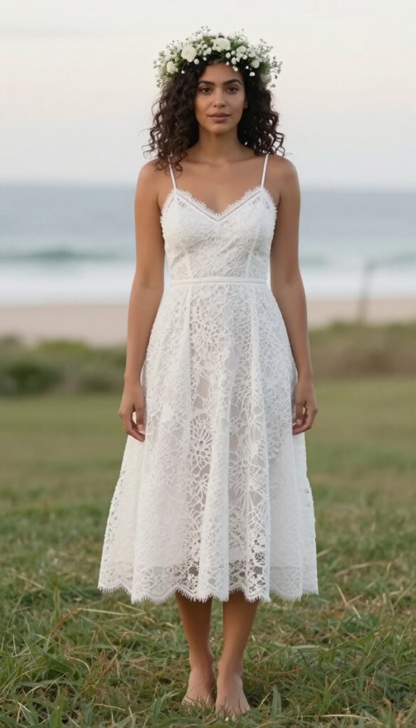 Young adult woman with light brown skin and natural curly hair wearing a white lace A-line dress with thin straps and a floral crown, standing barefoot on a sandy beach at sunset.