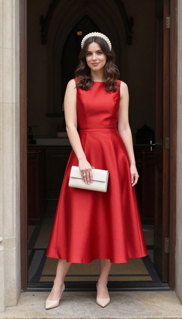Red wedding dress with cream pearl headband and nude mules
