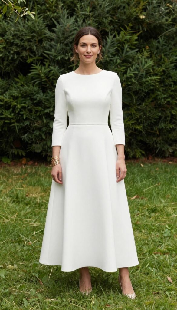 Woman in white A-line wedding dress with three-quarter sleeves and gold bracelet stack in sunlit garden