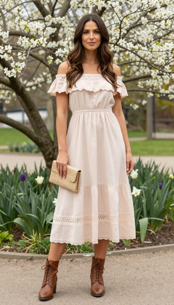 Young woman in blush off-shoulder dress and brown lace-up boots standing in sunlit garden, spring wedding guest outfit.