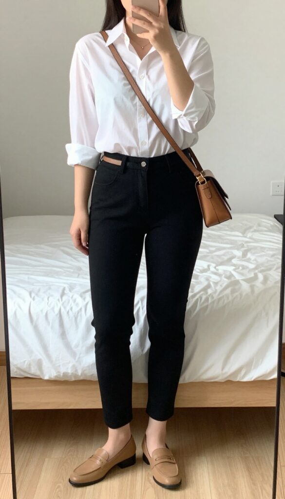 Petite woman in white button-down and black ankle-length skinny pants, half-tucked with rolled sleeves, leather belt, loafers, and crossbody bag, standing in a city setting.