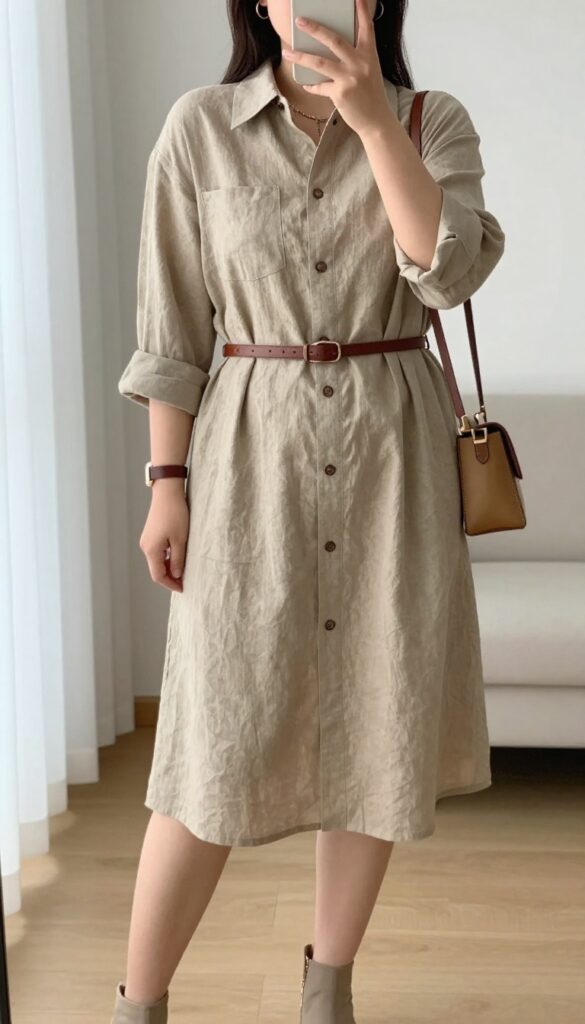 Woman in button-down shirt dress with leather belt, ankle boots, and crossbody bag, taking a mirror selfie.