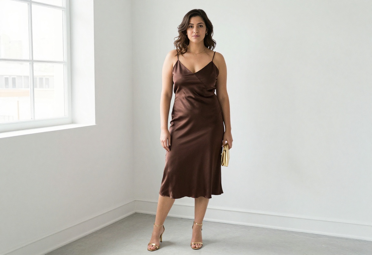 Woman in brown satin slip dress with gold heels and clutch, standing in bright room