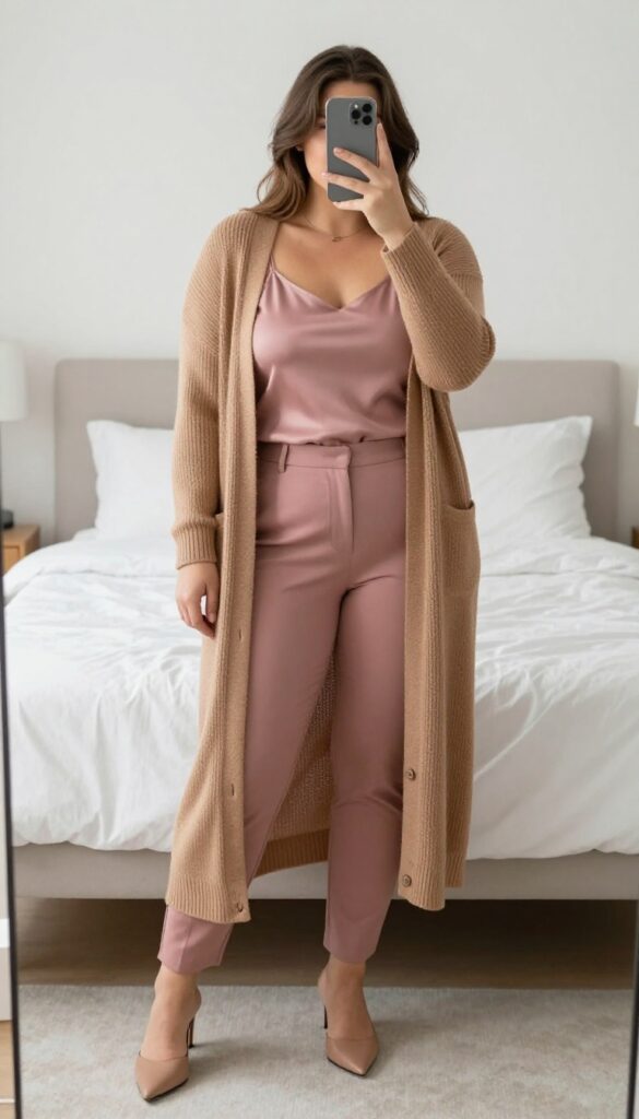 Woman in camel longline cardigan over dusty rose silk camisole and tapered trousers, standing in a mirror selfie, phone partially covering face.