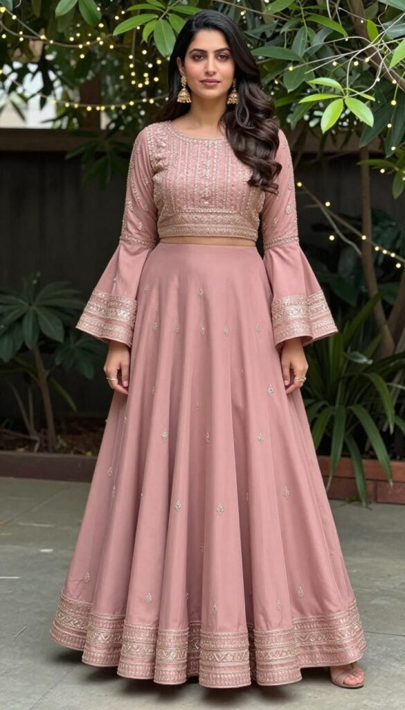 Woman in dusty rose gown-style lehenga with flared sleeves at outdoor wedding