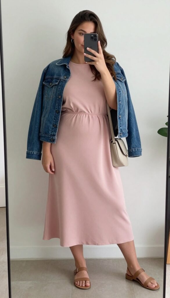 Plus-size woman in a flowy pink maxi dress and blue denim jacket, taking a mirror selfie in a bright room. She wears flat sandals and a crossbody bag, with a relaxed, confident pose.