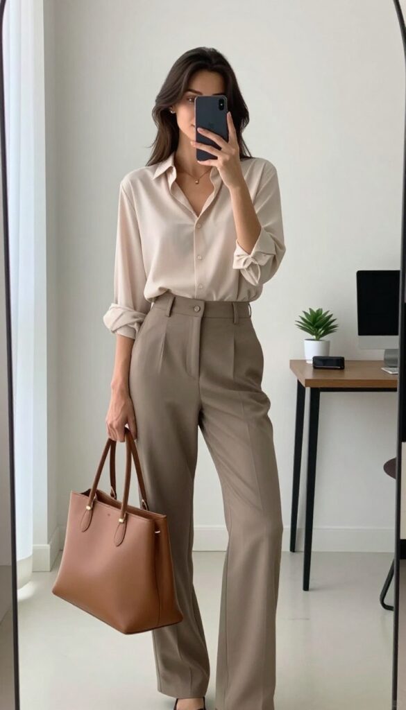 A woman in a mirror selfie wearing a tucked-in flowy blouse and high-waisted tailored trousers, with a structured bag, in a bright office-like setting.