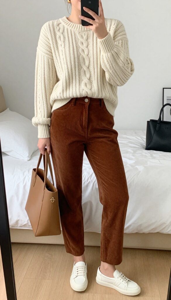 Woman in cream cable knit sweater and rust corduroy pants, suede loafers, structured tote, gold hoops, mirror selfie in bedroom.