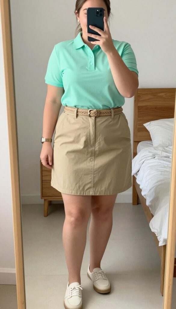 Woman in bright polo shirt and chino skirt with woven belt, canvas sneakers, minimal accessories, summer business casual outfit.