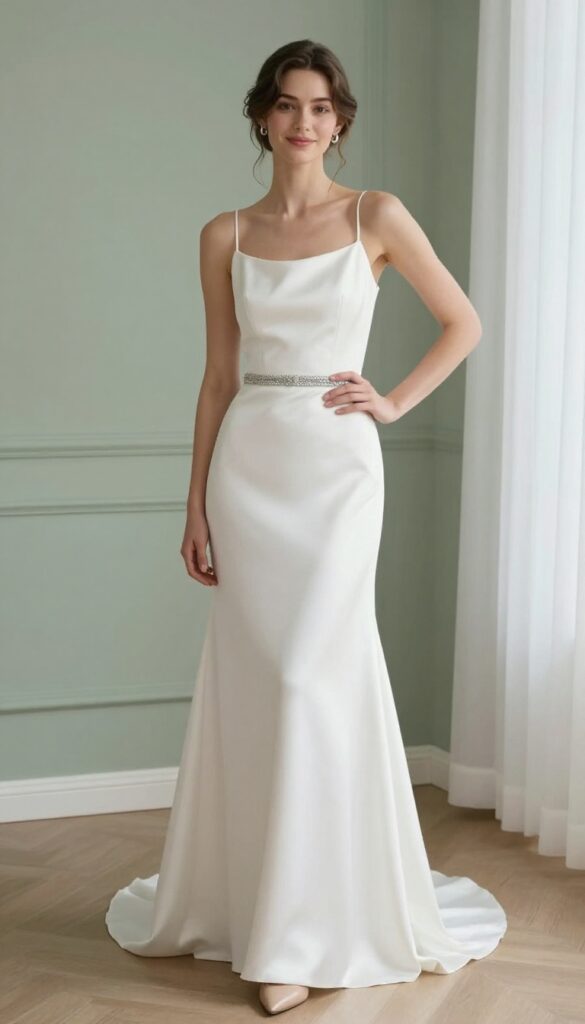 Minimalist white wedding dress with silver crystal statement belt, nude heels, and messy bun in bright natural light