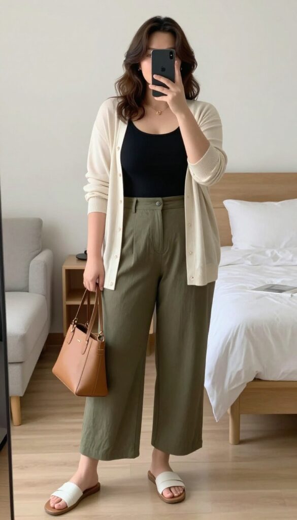Plus-size woman in a black tank top and olive green wide-leg pants, posing in a mirror selfie in a bright room, with a cream cardigan and tan handbag.