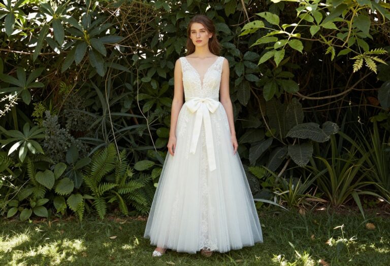Bride in white lace wedding dress with large satin bow at back, standing in garden