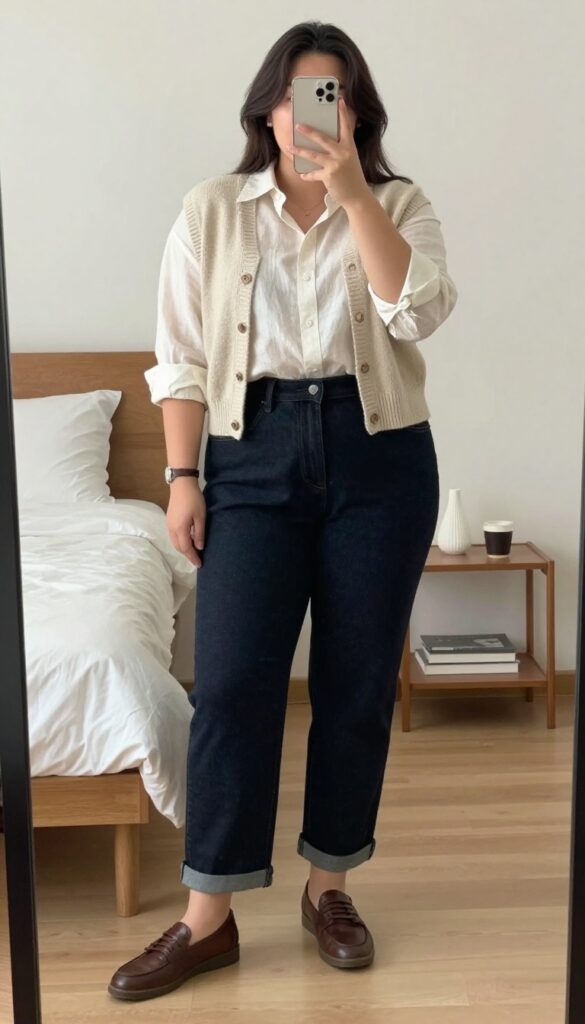 A woman in a knit vest layered over a linen button-down shirt, with trousers and leather sneakers, standing in a bright, airy room.
