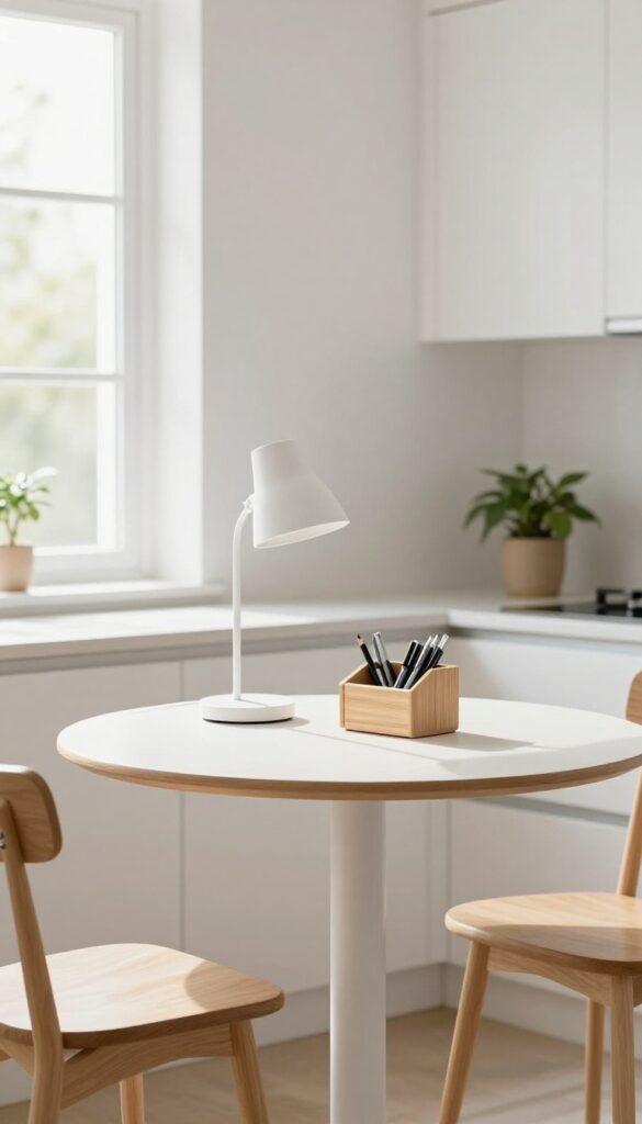 A small round bistro table styled as a desk in a bright kitchen, with a lamp, organizer, and plant, and a wooden chair.