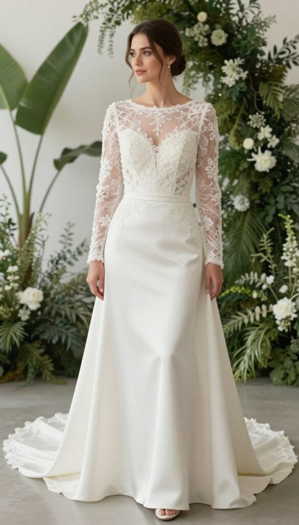 Bride in convertible wedding dress lifting overskirt to reveal short underdress, bright ceremony space with greenery