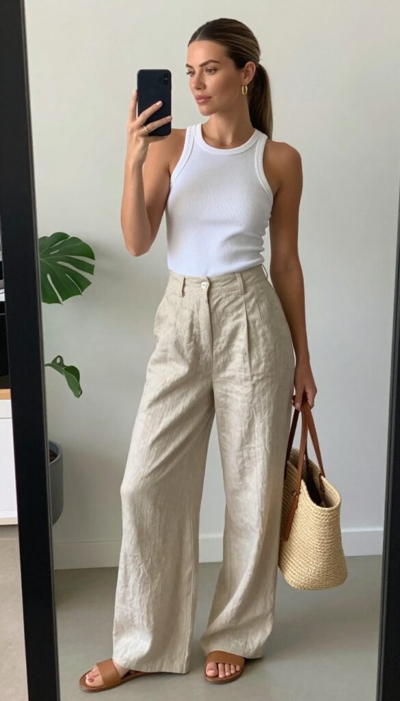 Woman in a mirror selfie wearing beige linen wide-leg pants and a white fitted ribbed tank top, with tan slide sandals and a straw tote, holding a phone partially covering her face.
