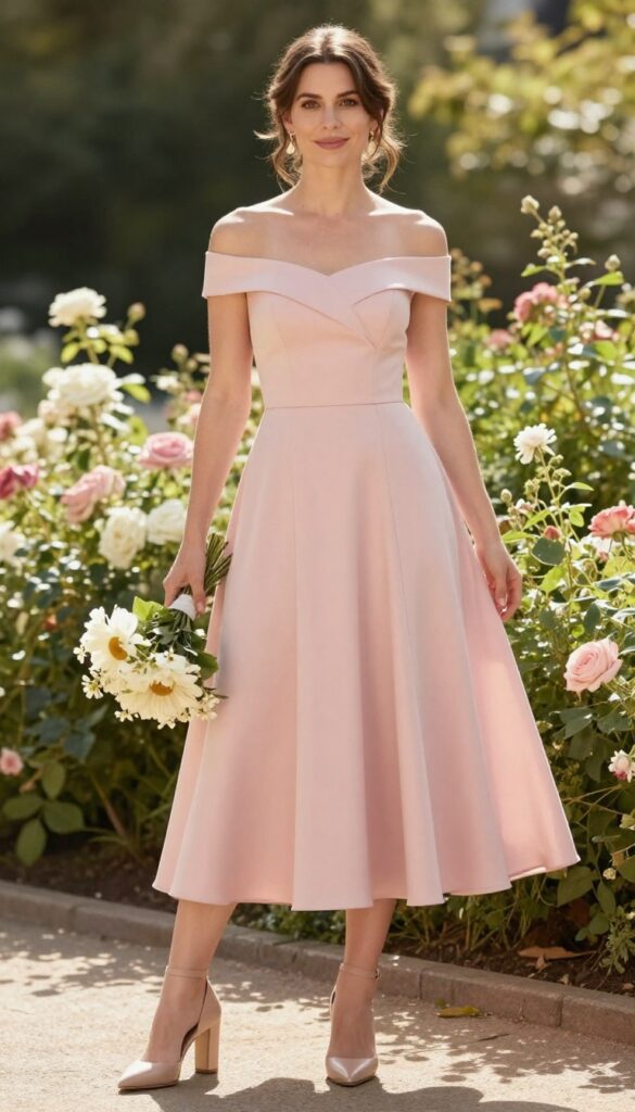 Young woman with fair skin and brown hair in a soft pink off-shoulder A-line dress, standing in a sunlit garden with blooming flowers, wearing nude block heels and dainty gold earrings, holding a small bouquet, natural candid pose.