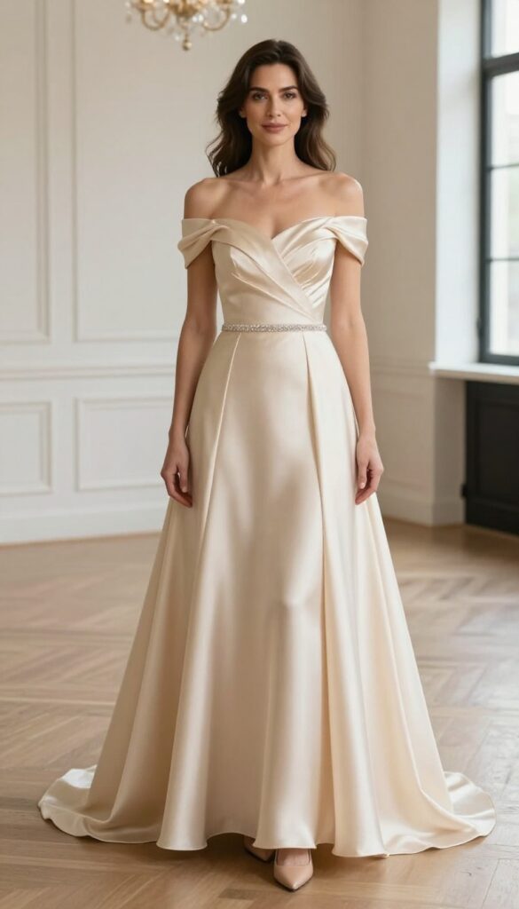 Champagne satin off-shoulder ball gown with crystal belt for a formal wedding