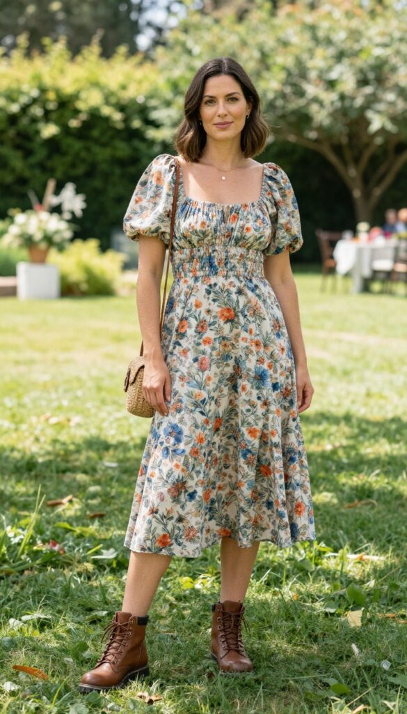 Woman in floral puff-sleeve midi dress and brown hiking boots at garden wedding