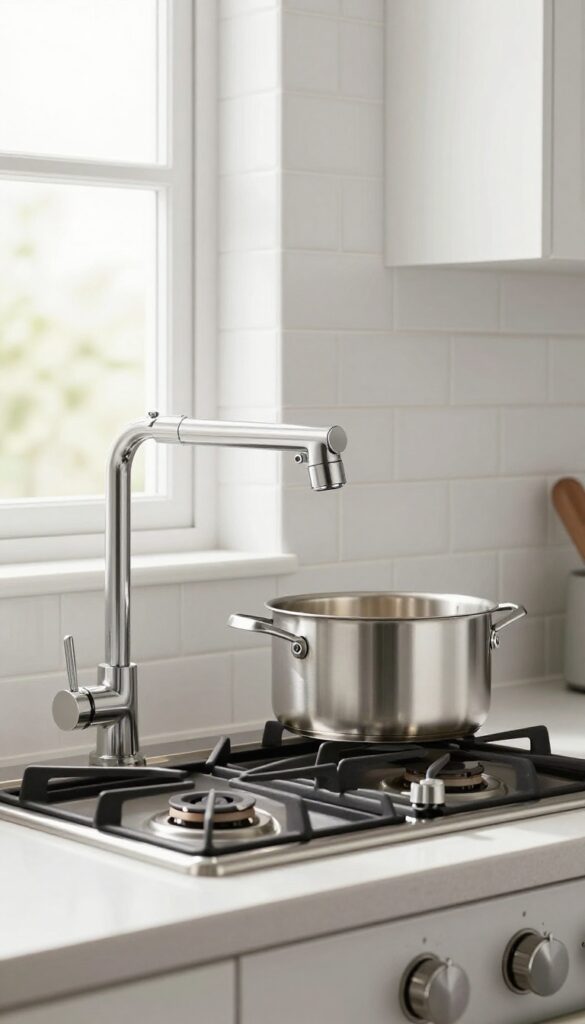 Wall-mounted pot filler faucet above stove in bright kitchen