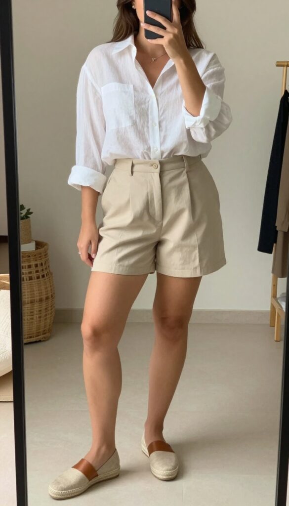 A model in a white linen button-down and cropped beige trousers with espadrilles, standing in a bright office or outdoor setting.