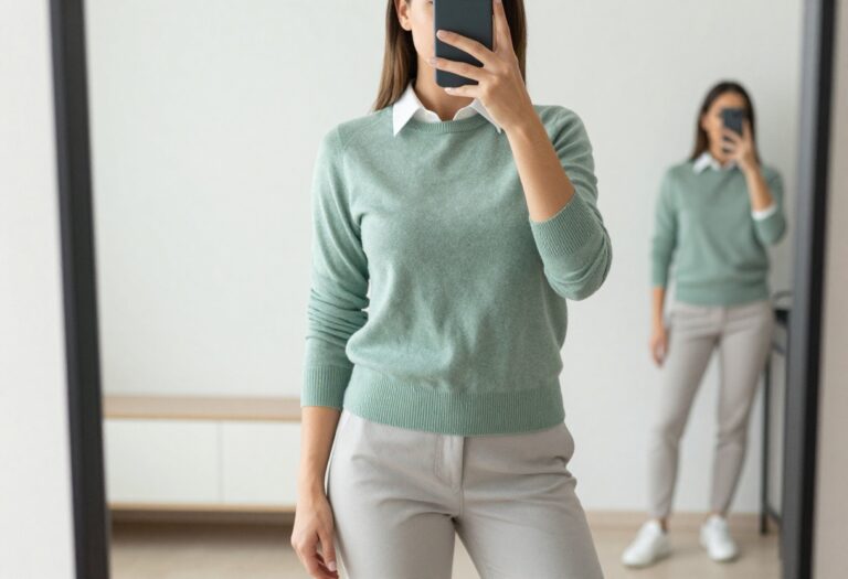 Woman in sage green sweater and gray trousers taking a mirror selfie in bedroom