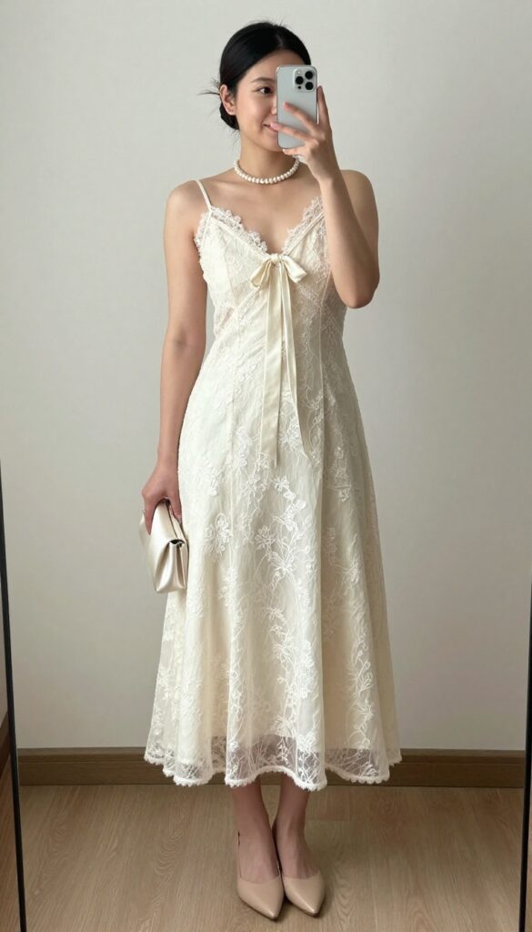 Woman in cream slip dress with sheer lace overlay and back bow, pearl choker, nude mules, holding satin clutch in garden
