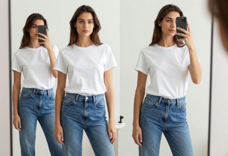 Woman in a white tee and blue jeans taking a mirror selfie, showcasing a casual yet polished everyday outfit.