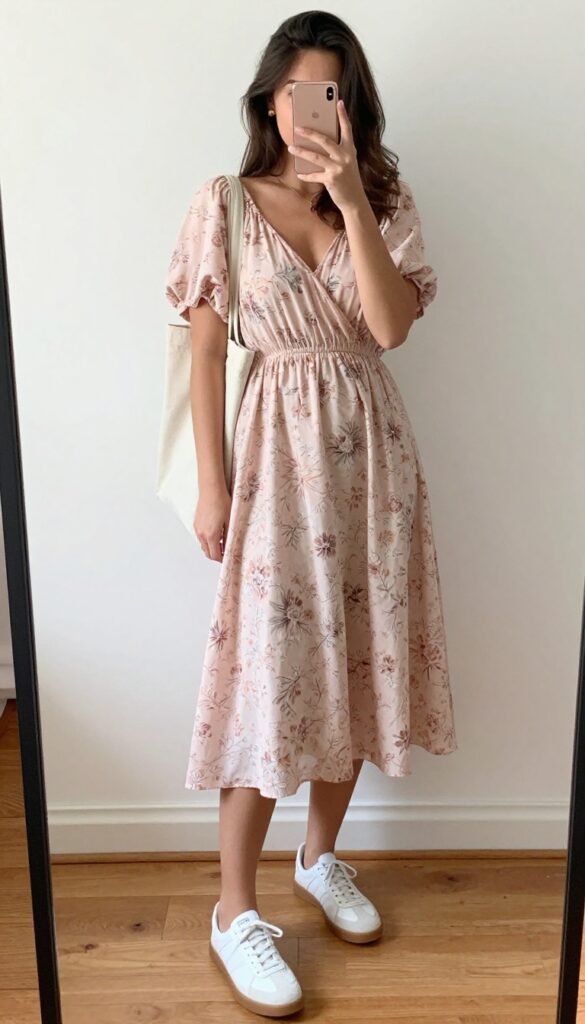 A woman in a floral midi dress and white sneakers takes a mirror selfie, wearing a denim jacket and tote bag, with soft natural lighting.