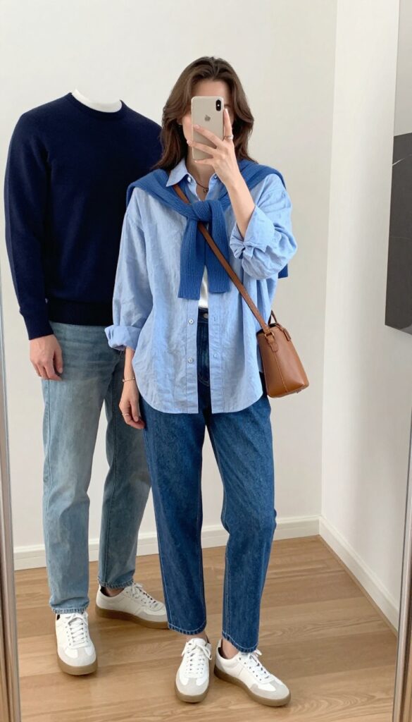 A woman in a light blue linen shirt, dark wash jeans, and a medium blue cardigan takes a mirror selfie, showcasing a monochrome matching couple outfit idea with her partner in navy and light blue.