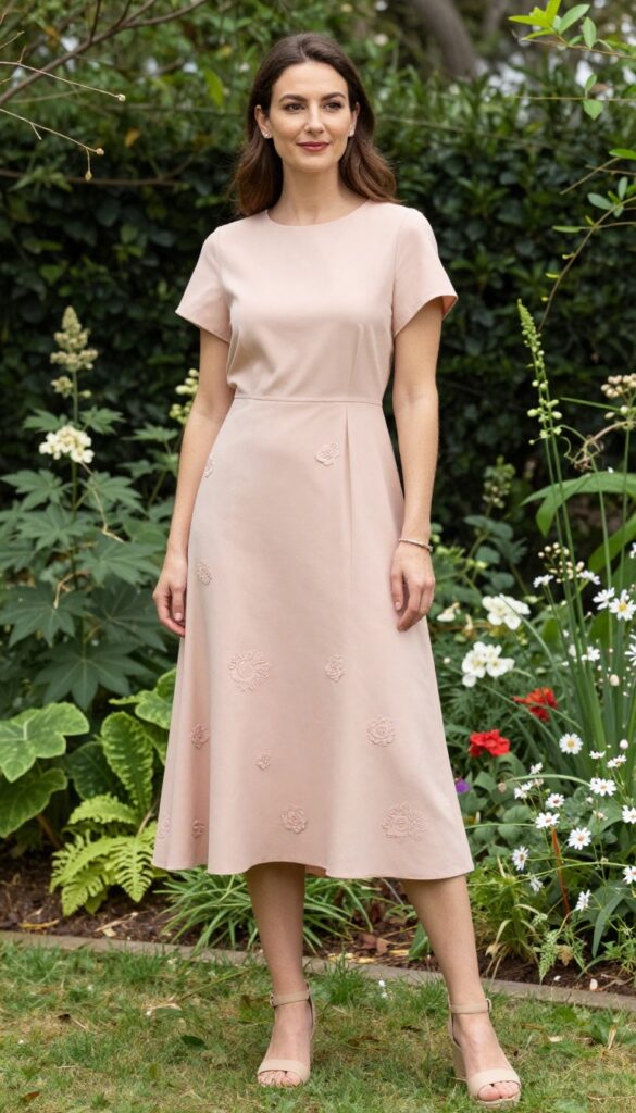 Woman in blush high-low hem dress with floral appliqués, nude wedge sandals, standing in garden, natural smile.