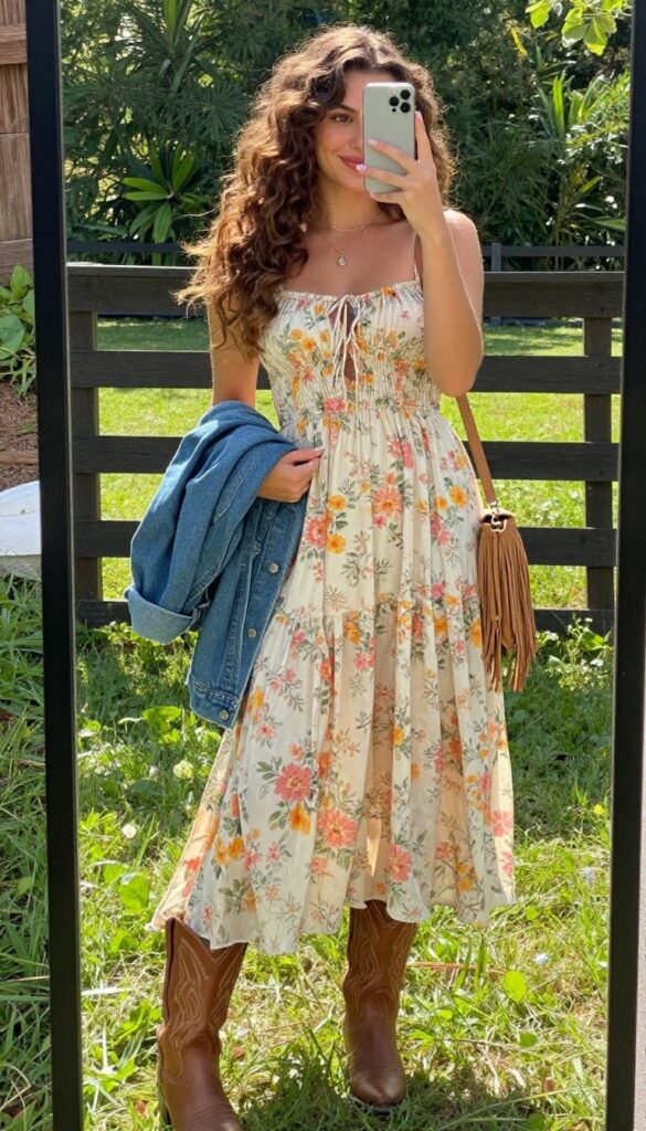 Woman in flowy floral midi dress and brown cowboy boots taking a mirror selfie at a sunny outdoor concert venue, denim jacket over arm, fringe bag, natural makeup and loose curls.