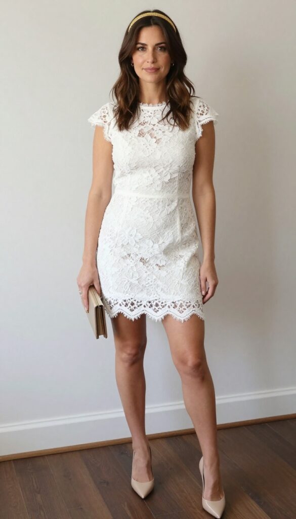 Woman in white lace mini dress with gold embellished headband and nude heels in ballroom
